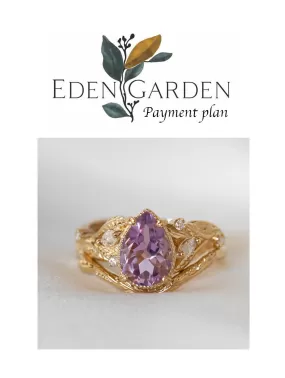 3 instalments payment plan | Amethyst leaf engagement ring set, big purple gemstone bridal ring set / Patricia