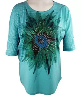 California Bloom Aqua Geometric Print Top, Scoop Neck with Rhinestone Accents